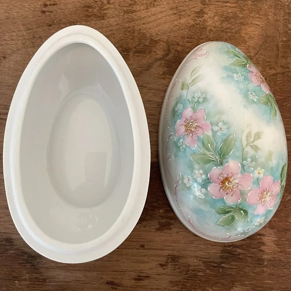 Vintage Porcelain Egg Trinket Box Hand Painted Floral Cottagecore Dresser Decor